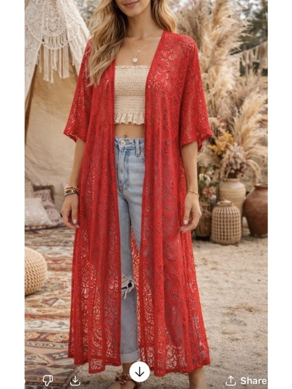 Turquoise Haven Red Lace Long Full Length Open Kimono Duster SZ L/XL Boho Resort